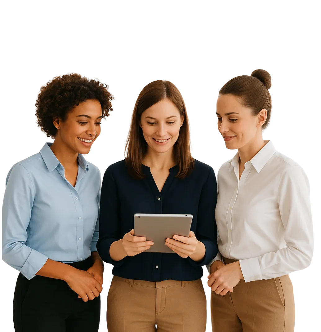 Three women in business attire are closely examining a tablet together